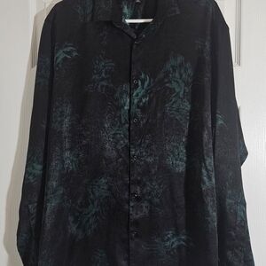 International Concepts Mens XL Black Green Lightweight Button Front Shirt